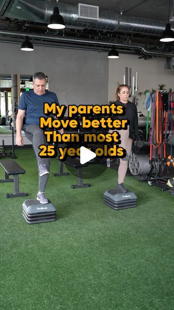 a man and woman doing squats in a gym with the words my parents move better than most 25 years old