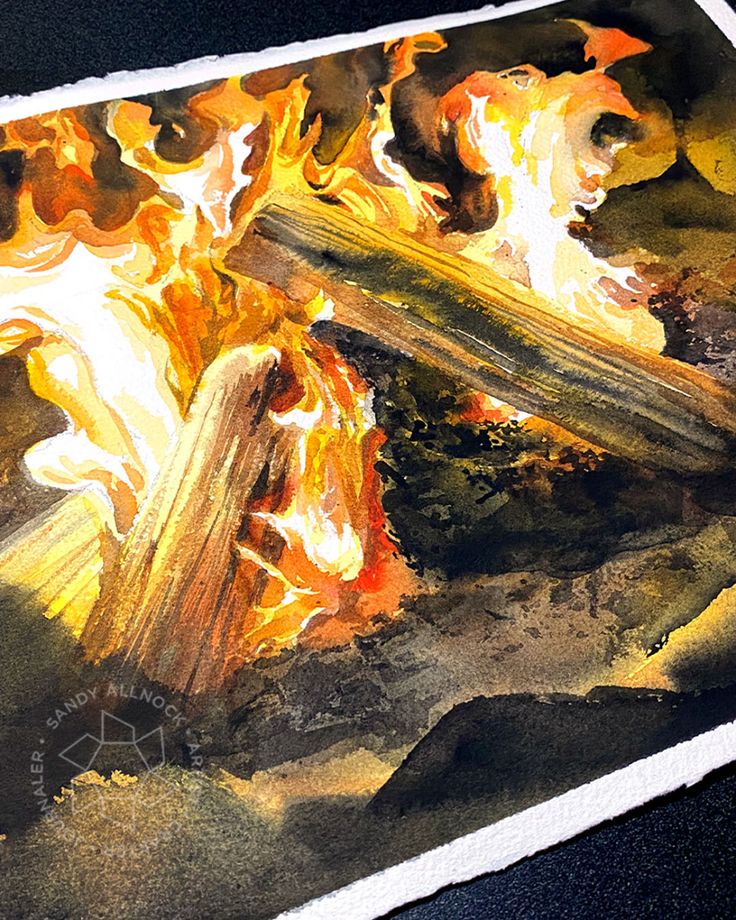 a painting of a fire burning in the middle of some rocks and grass with watercolors on paper