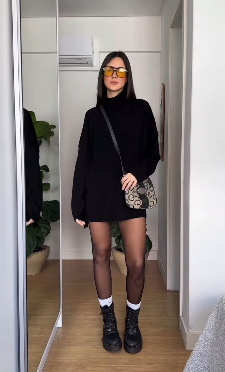 Professional Outfit Doc Martens, Black Boots Mini Skirt Outfit, Black Dress Winter Outfit Tights, Black Polka Dot Tights Outfit, Style For Mid Size Women, Winter Bbq Outfit, Black Sweater And Skirt Outfit, Doc Martens Outfit Office, Black Skirt Doc Martens Outfit