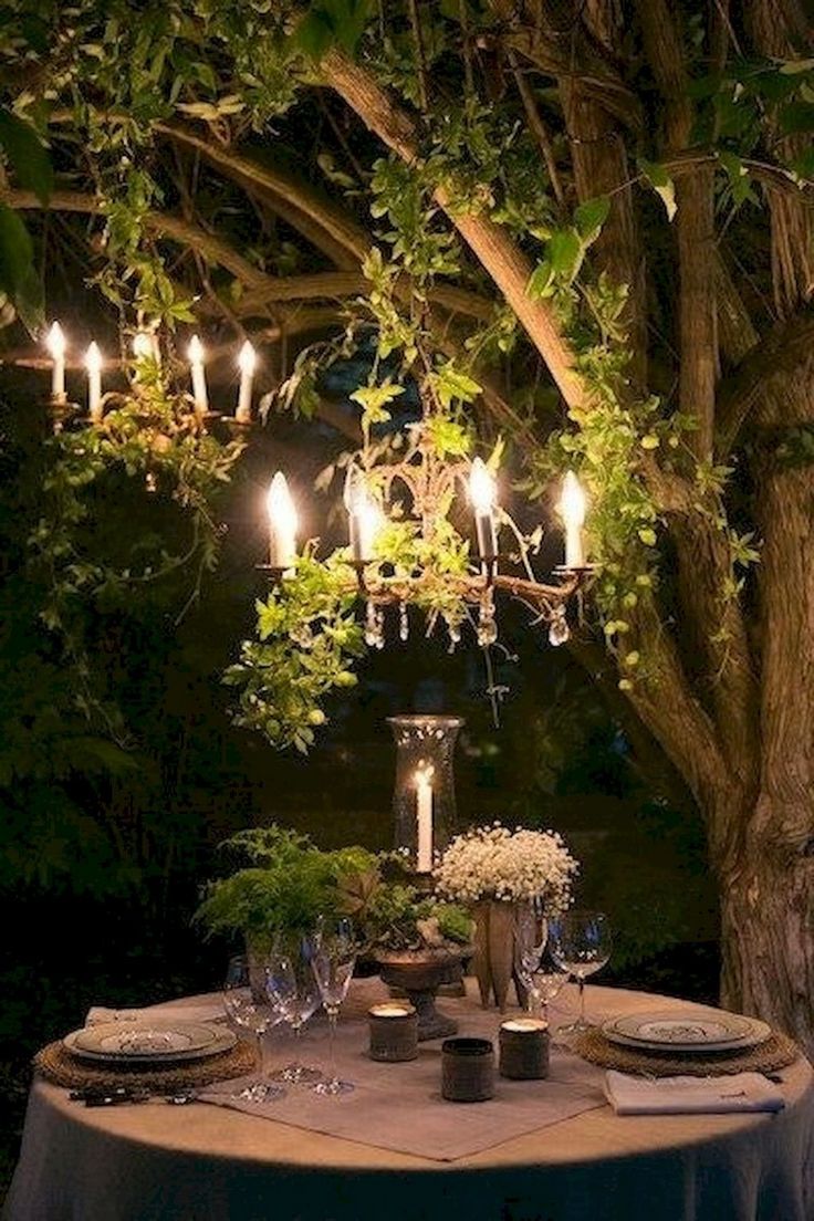 Add a chandelier or two to the tree.  Set a table with linen, china, flatware, stemware, and a hurricane glass candle.  Add tea lights and a moss & fern centerpiece. Jardin Style Shabby Chic, Shabby Chic Garden, Outdoor Dinner, Have Inspiration, Kew Gardens, Romantic Dinners, Decor Minimalist, Outdoor Rooms, Outdoor Entertaining