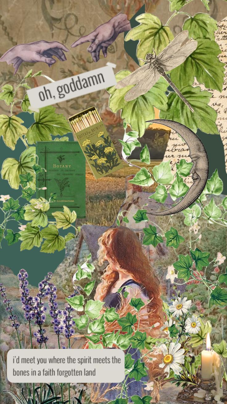 an altered collage with flowers, plants and words that read oh god damn i'd meet you where the spirit meets the bones in a