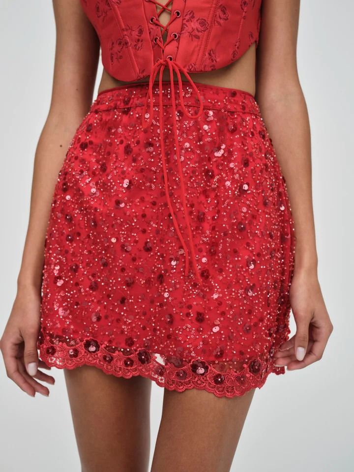 Gwendolyn Mini Skirt | For Love & Lemons Flirty Skirted Skort For Party, Flirty Mini Skirt For Date Night, Flirty Lined Mini Skirt For Date Night, Spring Party Flared Skort, Flirty Skort For Spring Party, Flirty Flowy Lined Skirt, Chic Flared Skirt For Party Season, Flirty Lined Mini Skirt, Flirty Flared Mini Skirt For Party