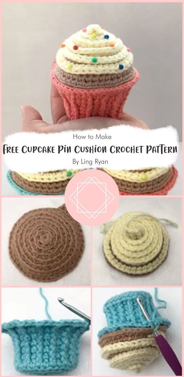 crochet cupcake pin cushion pattern is shown with the instructions to make it