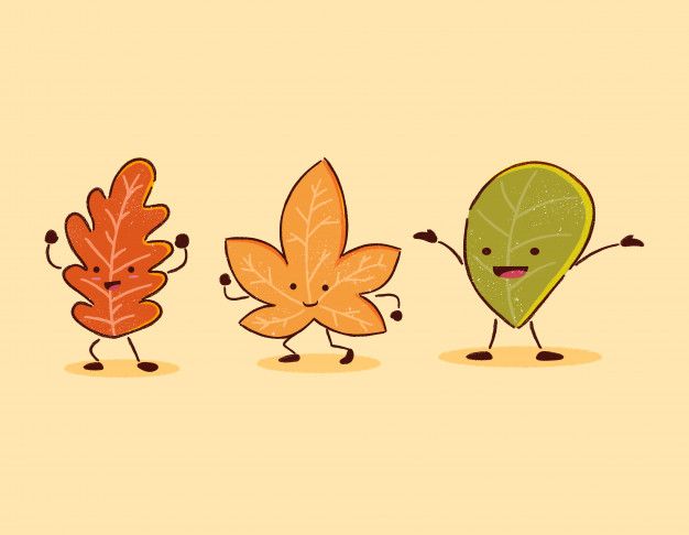 three cartoon leaves are running in the same direction, one is smiling and the other has two