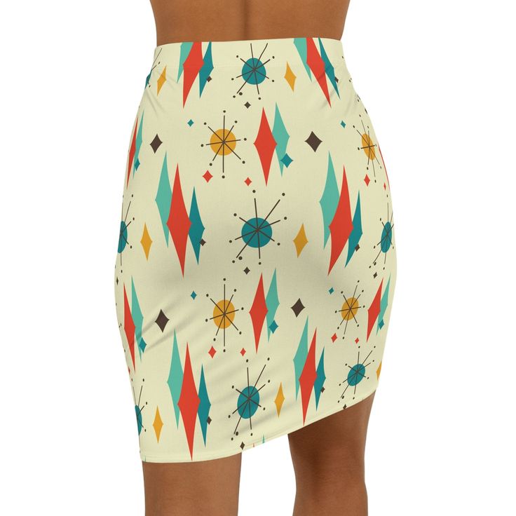 Make a statement in this sassy Mid Mod Franciscan Diamond Starburst Women's Mini Skirt. Perfect for a night on the town, this pencil skirt features four-way stretch and a subtle tapering along the outer thigh for a flattering silhouette. Strike a pose and shine bright like a diamond! The custom pencil skirt is made of 88% polyester and 12% spandex. This blend gives the garment a four-way stretch which allows the fabric to stretch both width- and length-wise. The garment has a slight tapering alo Retro Mini Skirt With Stretch, Retro Mini Length Party Bottoms, Retro Stretch Skirt For Party, Summer Retro Fitted Skirt, Retro Fitted Skirt For Party, Retro Fitted Skirt For Summer, Fitted Retro Style Mini Skirt, Retro Fitted Lined Skirt, Retro Fitted Mini Skirt With Lining