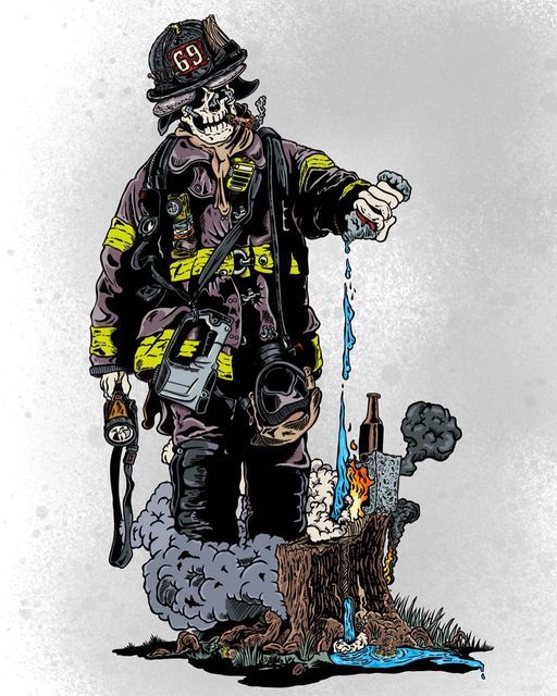 a drawing of a fireman holding a water hose in one hand and an oxygen tube in the other