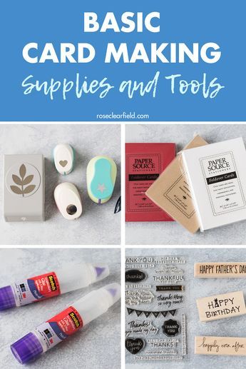 the instructions for making card making supplies and tools with text overlay that reads basic card making supplies and tools