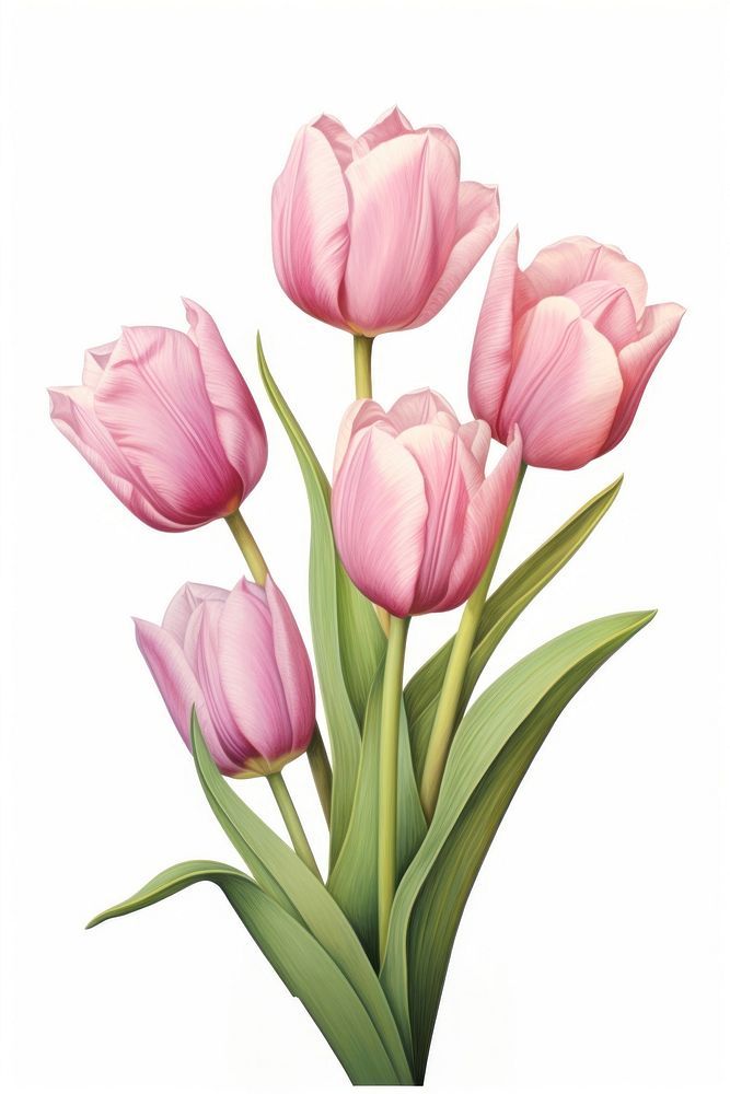 pink tulips with green leaves are shown in this drawing by artist mary williams