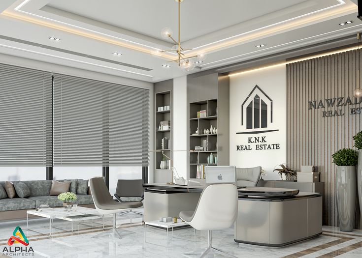 the interior of a real estate with modern furniture and decor in white and grey colors