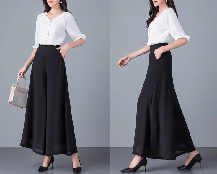 * Wide-leg skirt-shaped pants spun with high-quality chiffon fabric. * Wide waistband and A-line shape, make you look more taller and thinner. * With elastic waist in the back.  *Material: 100% chiffon *Let us know your regular size and overall height in your country. *The waist size and length can be customized. *Size: True to US size, can provide US 0 to US 20 , you can tell us your usual size and height when ordering. * Shipping: Free shipping Processing time: 5-7 working days Delivery time: Semi-formal Stretch Bottoms For Spring, Spring Semi-formal Stretch Bottoms, Spring Evening Flowy Skirt, Spring Office Lady Bottoms For Office Wear, Black Chiffon Evening Bottoms, Semi-formal Spring Bottoms For Office, High Waist Dress Pants For Formal Summer Events, Fitted Summer Office Bottoms, Elegant Long Pants For Office Wear