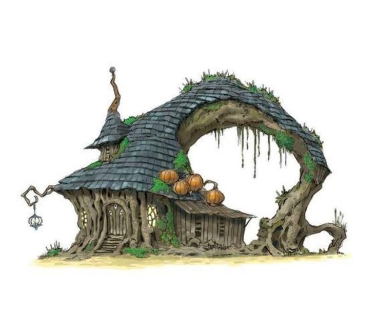 a drawing of a tree house with pumpkins on the roof