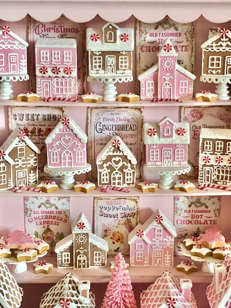 a shelf filled with lots of different types of gingerbread houses