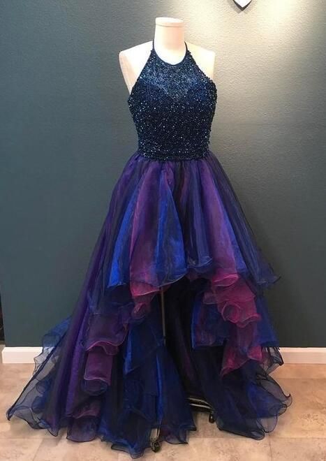 Purple Organza Prom Dress, Purple Homecoming Dress With Sweep Train, Purple Organza Ball Gown Dress, Blue Purple Dress, Prom Dress Aesthetic, Blue High Low Dress, Galaxy Dress, Ombre Prom Dresses, High Low Prom Dresses