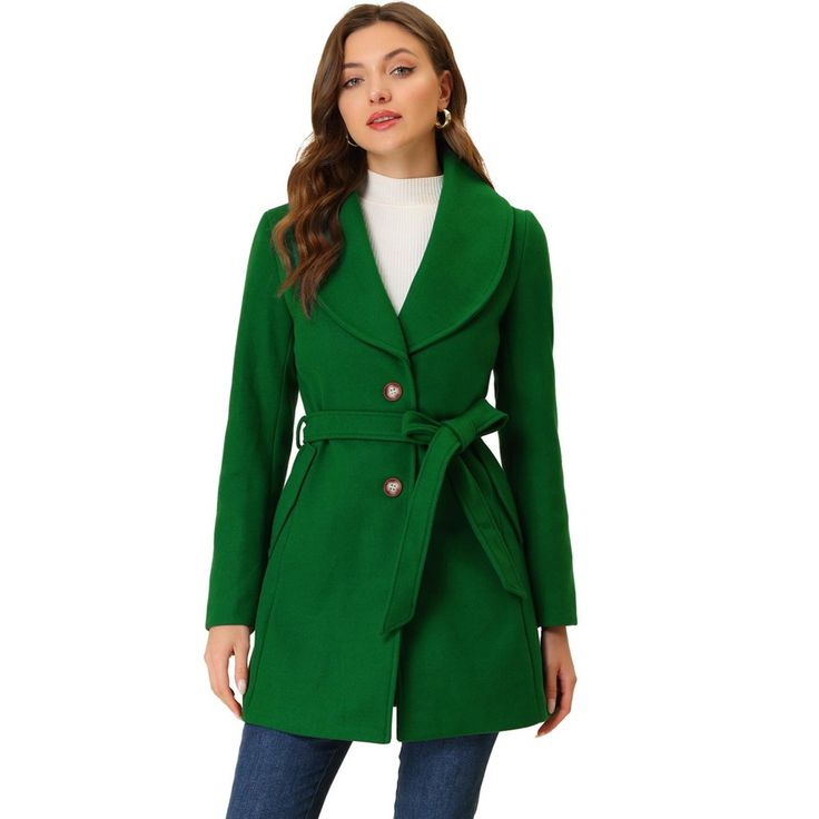 Cut in a regular fit with a belted waist, this coat features side pockets and a turn-down collared neckline which is combined with its long length, and elongates the silhouette. Layered over a pencil dress for a demure finish, or paired well with knit shirts and wide-leg pants for weekend style. Polished with chic pockets at the sides and a single-button mid, it oozes elegance and will match seamlessly with your office attire. Belted Long Pea Coat For Spring, Green Belted Long Coat, Trendy Winter Outerwear With Belted Cuffs, Trendy Double-breasted Outerwear With Belted Cuffs, Trendy Long Coat With Belted Cuffs, Trendy Belted Long Coat, Spring Belted Pea Coat With Lapel Collar, Winter Long Coat With Belt, Chic Long Sleeve Belted Pea Coat