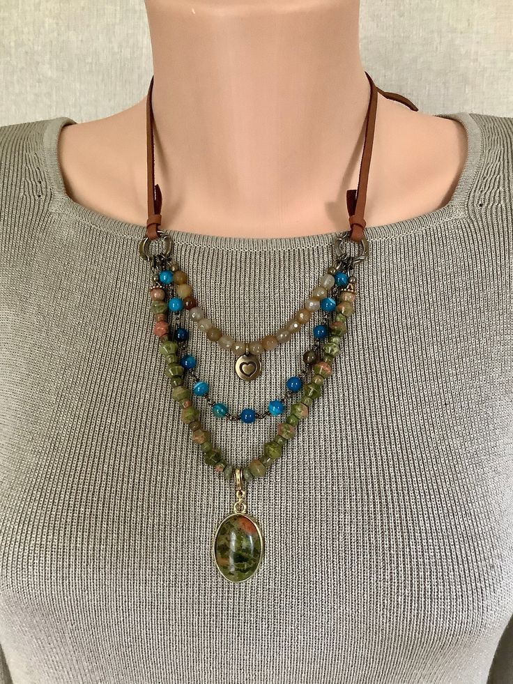 Handcrafted Sundance Style Multi Strand Gemstone Necklace with Adjustable Leather Strands - Unique Gift- only one Unakite Jewelry, 3 Layer Necklace, Sundance Style, Brown Agate, Gold Heart Pendant, Art Necklaces, Heart Pendant Gold, Fall Accessories, Multi Strand Necklace