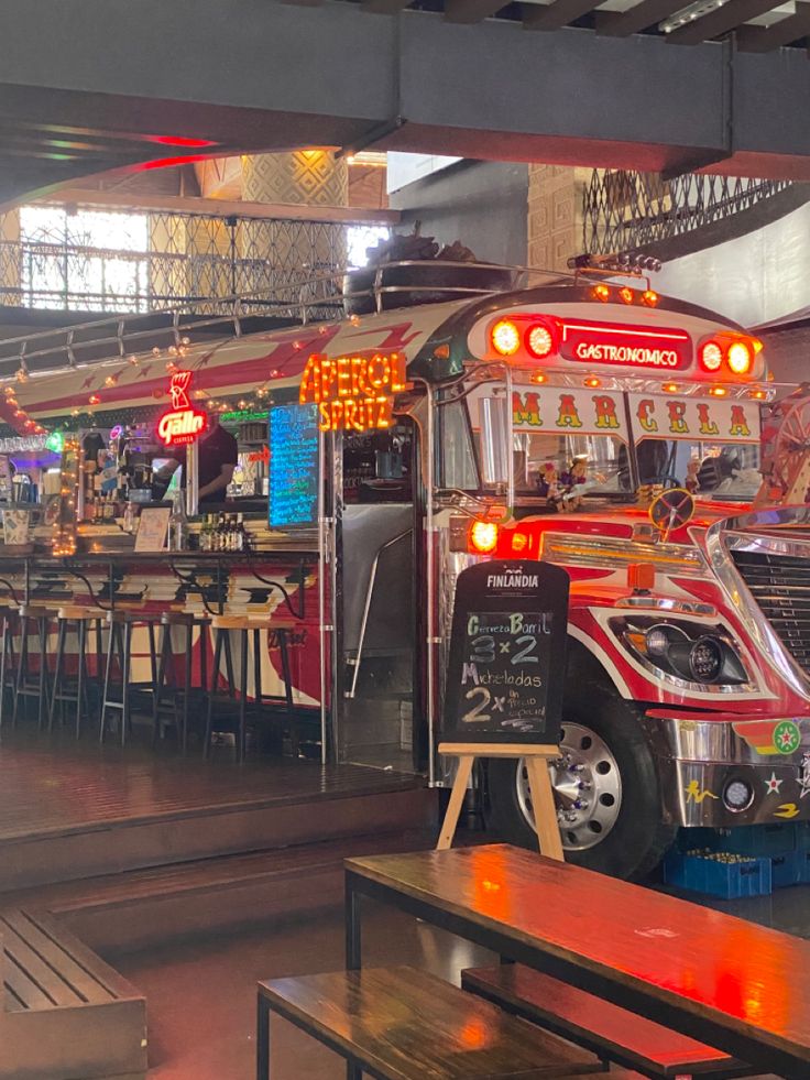 a food truck is parked in a restaurant