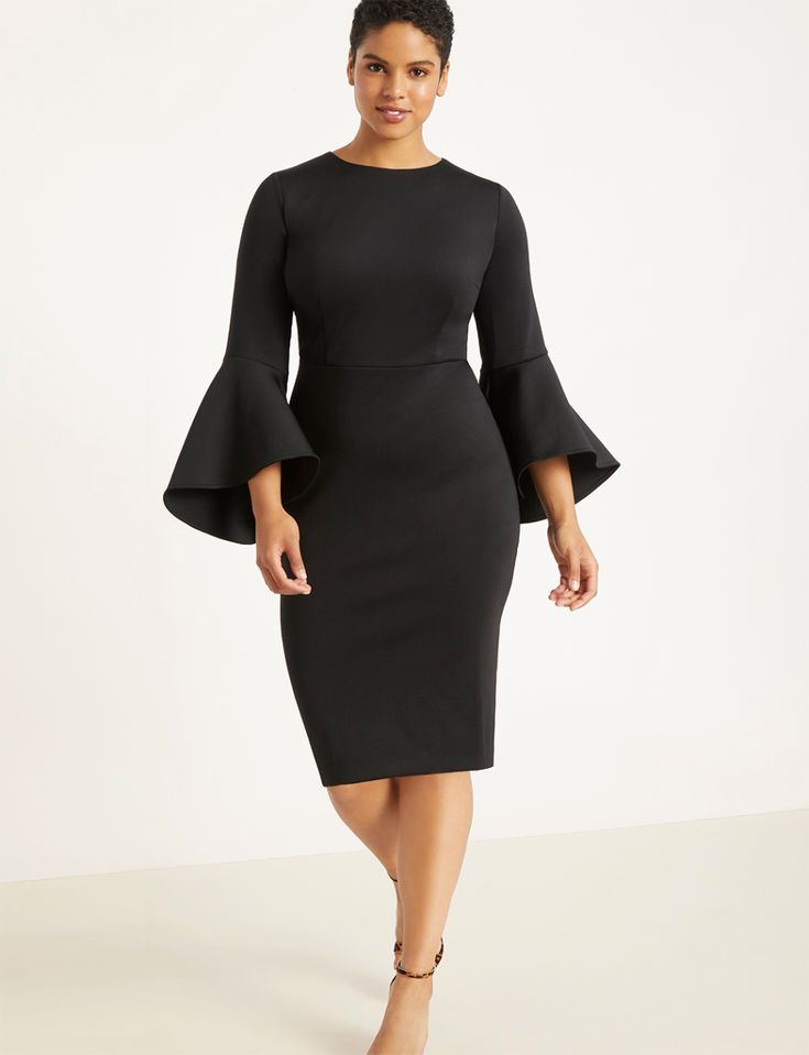 Flare Sleeve Scuba Dress | Women's Plus Size Dresses | ELOQUII Crewneck Style, Scuba Dress, Crewneck Dress, Classy Dress, Plus Size Dress, Flared Sleeves, Plus Size Dresses, Peplum Dress, Plus Size Outfits