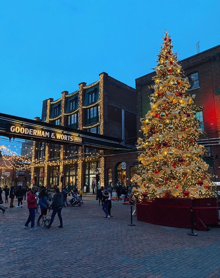 a christmas tree is lit up in the middle of a brick plaza with people walking around it