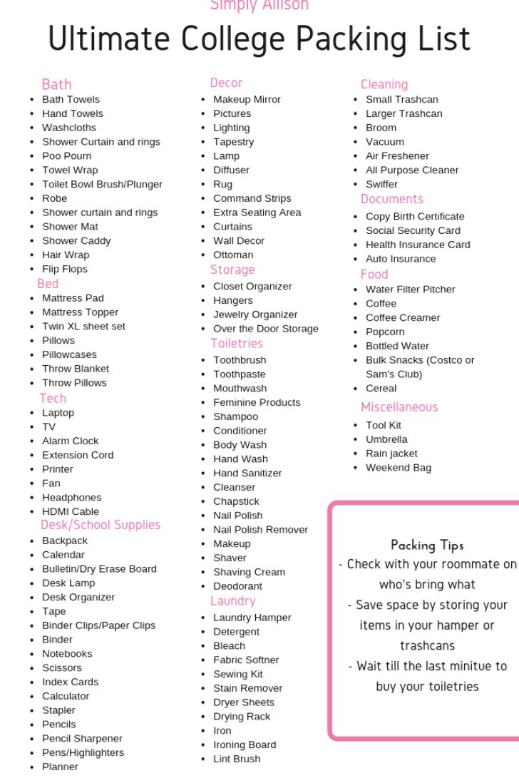 the ultimate college packing list is shown in pink and white, with text that reads ultimate college