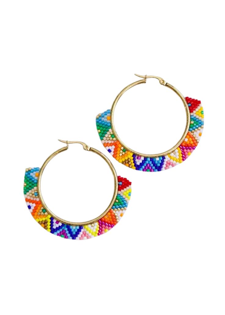 Gia is a funky oversized beaded statement hoop perfect for a pop of (all of the) color. Material: stainless steel, miyuki beads Dimension: 52mm Geometric Hoop Earrings, Mens Items, Miyuki Beads, Beaded Hoop Earrings, Team Gifts, Wide Brimmed Hats, Bag Straps, Earring Necklace, Ring Necklace