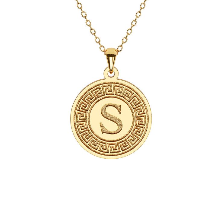 Explore the elegance of our Greek Key Disc Necklace featuring an Initial. Crafted in solid gold or sterling silver, this pendant seamlessly blends classic Greek design with personalized touch. The Greek key motif, symbolizing eternity and unity, encircles your chosen initial, creating a harmonious fusion of tradition and individuality. Its timeless design and meaningful engraving make it a versatile accessory, radiating your cultural pride and unique identity. Luxury Initials Round Pendant Jewelry, Classic White Gold Monogram Initial Necklace, Luxury Personalized Medallion Necklace, Classic Yellow Gold Initial Necklace, Classic Round Pendant Jewelry With Initials, Elegant Round Initial Necklace, Luxury Gold Initial Necklace In Sterling Silver, Symbolic Engraved Initial Pendant Jewelry, Luxury Yellow Gold Initial Necklace In Sterling Silver