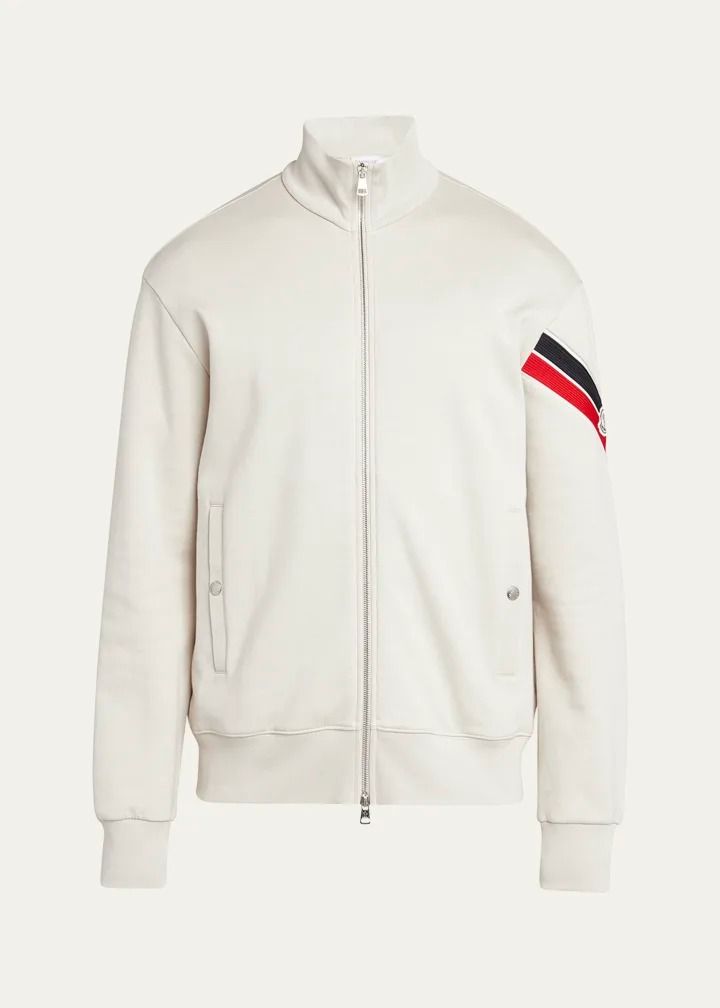 Moncler Men's Zip-Up Jacket with Striped Sleeve - Bergdorf Goodman Designer White Outerwear With Ribbed Cuffs, Designer Long Sleeve Track Jacket For Fall, Luxury Sport Coat, Luxury White Outerwear With Ribbed Cuffs, Luxury Spring Outerwear With Ribbed Cuffs, Classic Fitted Winter Track Jacket, Cocktail Jacket, Striped Sleeve, Jeans Jumpsuit