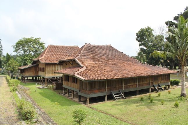 an old wooden house in the middle of a lush green field with palm trees on both sides