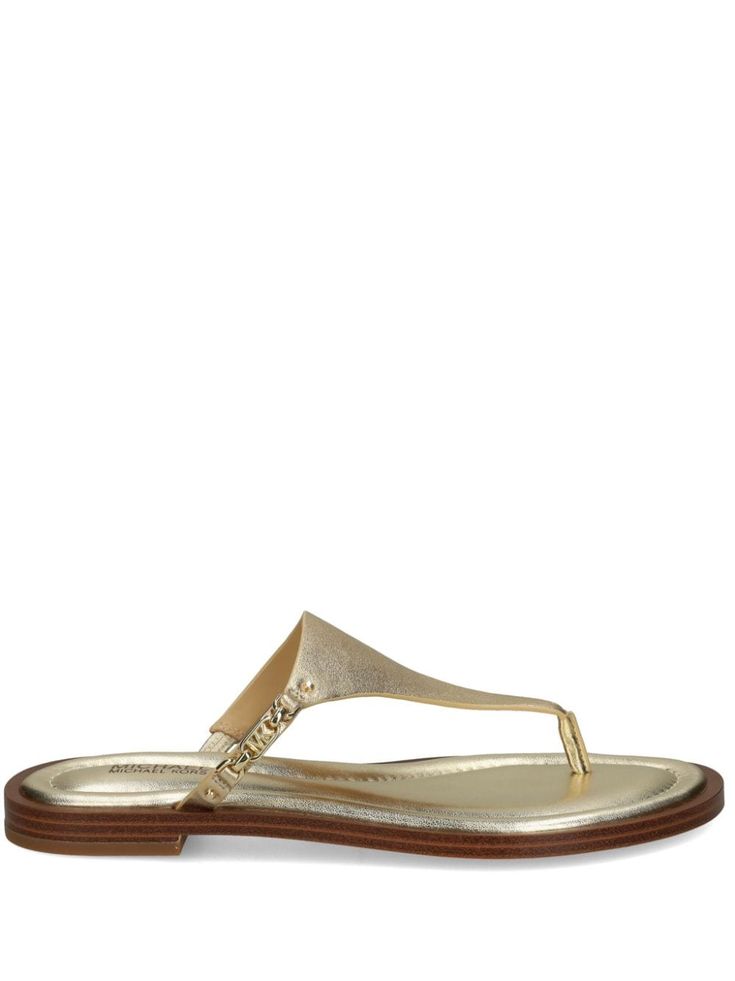 gold-tone leather metallic finish gold-tone logo plaque slip-on style thong strap flat sole Gold Sandals With Gold-tone Hardware For Formal Occasions, Formal Gold Sandals With Gold-tone Hardware, Elegant Gold Sandals With Gold-tone Hardware, Elegant Gold Sandals With Gold Hardware, Chic Gold Sandals With Gold-tone Hardware, Gold Sandals With Gold-tone Hardware And Single Toe Strap, Designer Gold Leather Sandals, Classic Gold Leather Sandals, Classic Gold Sandals With Single Toe Strap