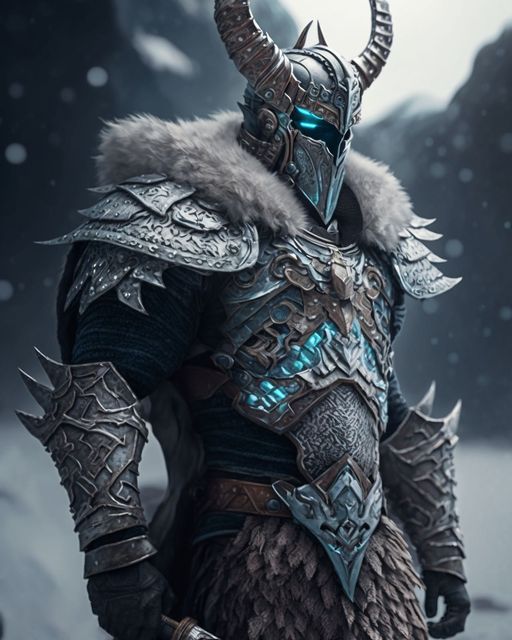 a man dressed in armor with horns and fur on his head, standing in the snow