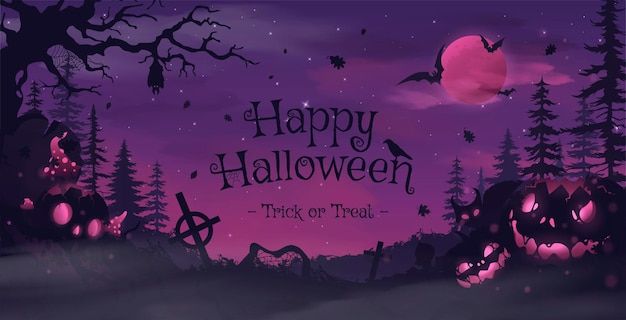 an animated halloween scene with pumpkins and bats in the night sky over a forest