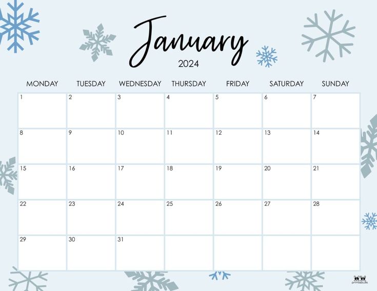 a january calendar with snowflakes on it