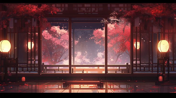 an empty room with red trees and lanterns