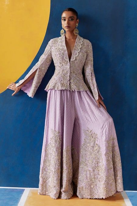 Buy Mrunalini Rao Purple Chaya Raw Silk Embroidered Jacket With Palazzo Online | Aza Fashions Mrunalini Rao, Shawl Collar Jacket, Zardozi Embroidery, Traditional Indian Outfits, Designer Party Wear Dresses, Party Wear Indian Dresses, Dress Indian Style, Fancy Dress Design, Stylish Dress Book