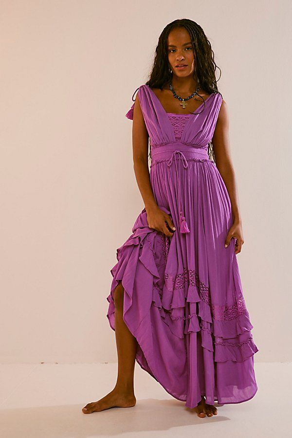 Femme beachy maxi from our free-est collection featuring a dramatic tiered skirt, crochet lace insets and a drawstring waist. * Tassel drawstring * Semi-sheer accents * Flowy fit | Santa Maria Maxi Dress by free-est at Free People in Purple, Size: M Ruffle Long Dress, Skirt Crochet, Lace Dress Casual, Long Dresses Elegant, Lace Patchwork, Spring Summer Dress, Style Maxi Dress, Women Long Dresses, Silk Velvet