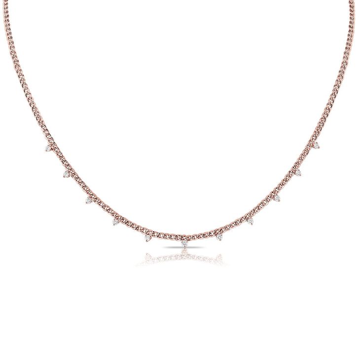 Diamond Hanging Necklace by Alexandra Beth. Elegant diamonds hanging from a 14k yellow, rose, or white gold chain. A timeless fine jewelry piece. Rose Gold Diamond Chain Necklace For Formal Occasions, Formal Rose Gold Diamond Chain Necklace, 14k Rose Gold Diamond Necklace With Adjustable Chain, Rose Gold Diamond Necklace With Chain For Formal Occasions, Formal Rose Gold Diamond Necklace With Chain, Rose Gold Diamond Necklace With Cable Chain, Fine Jewelry Rose Gold Cable Chain Necklace, 14k Rose Gold Diamond Necklace With Delicate Chain, Rose Gold Diamond Necklace With Delicate 14k Gold Chain