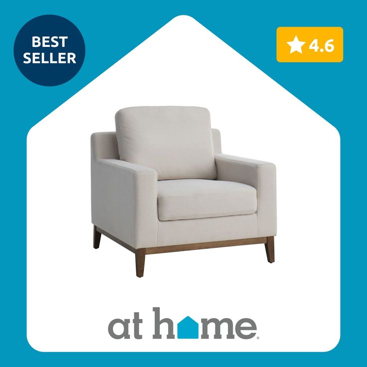 a white chair sitting on top of a blue and yellow sign that says best seller at home