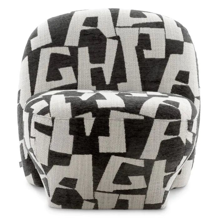 a black and white chair with letters on it