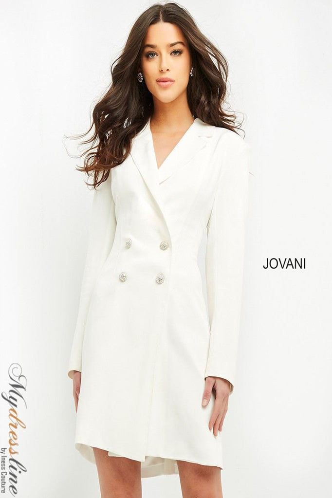 Looking for a stylish, contemporary blazer that will make you stand out? Look no further than the Jovani M1265. This three quarter length blazer is perfect for any occasion, and will surely turn heads when you walk into the room. With its sleek design and sharp tailoring, the Jovani M1265 is a must-have piece in your wardrobe. Elegant A-line Outerwear For Work, Elegant Tailored A-line Outerwear, Semi-formal Dress With Lapel Collar And Button Closure, Elegant A-line Outerwear With Buttons, Elegant A-line Formal Outerwear, Elegant A-line Outerwear With Button Closure, Tailored Single Breasted Evening Dress, Single Breasted Notch Lapel Evening Dress, Tailored Long Sleeve Blazer Dress With Hidden Buttons