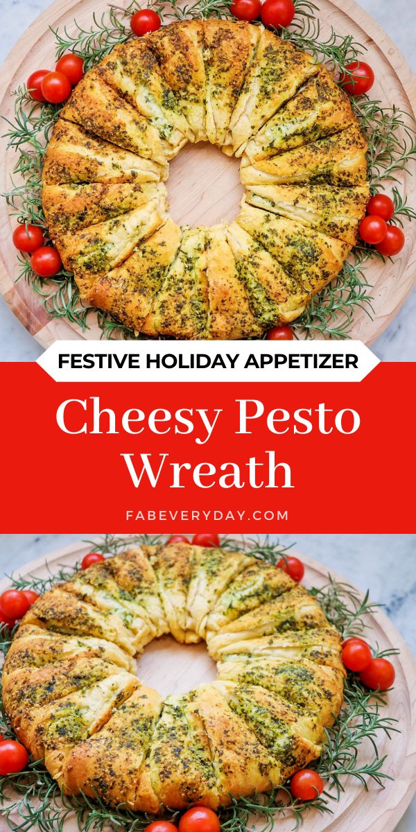 a cheesy pesto wreath with cherry tomatoes and herbs on the side for a festive holiday appetizer