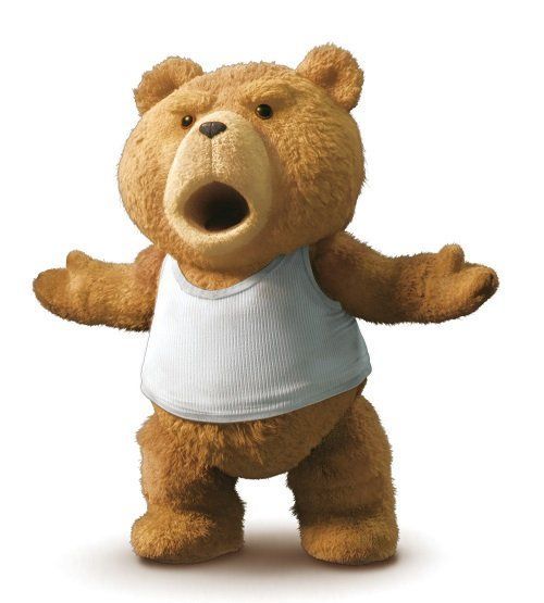 a brown teddy bear wearing a white t - shirt with his arms spread wide open