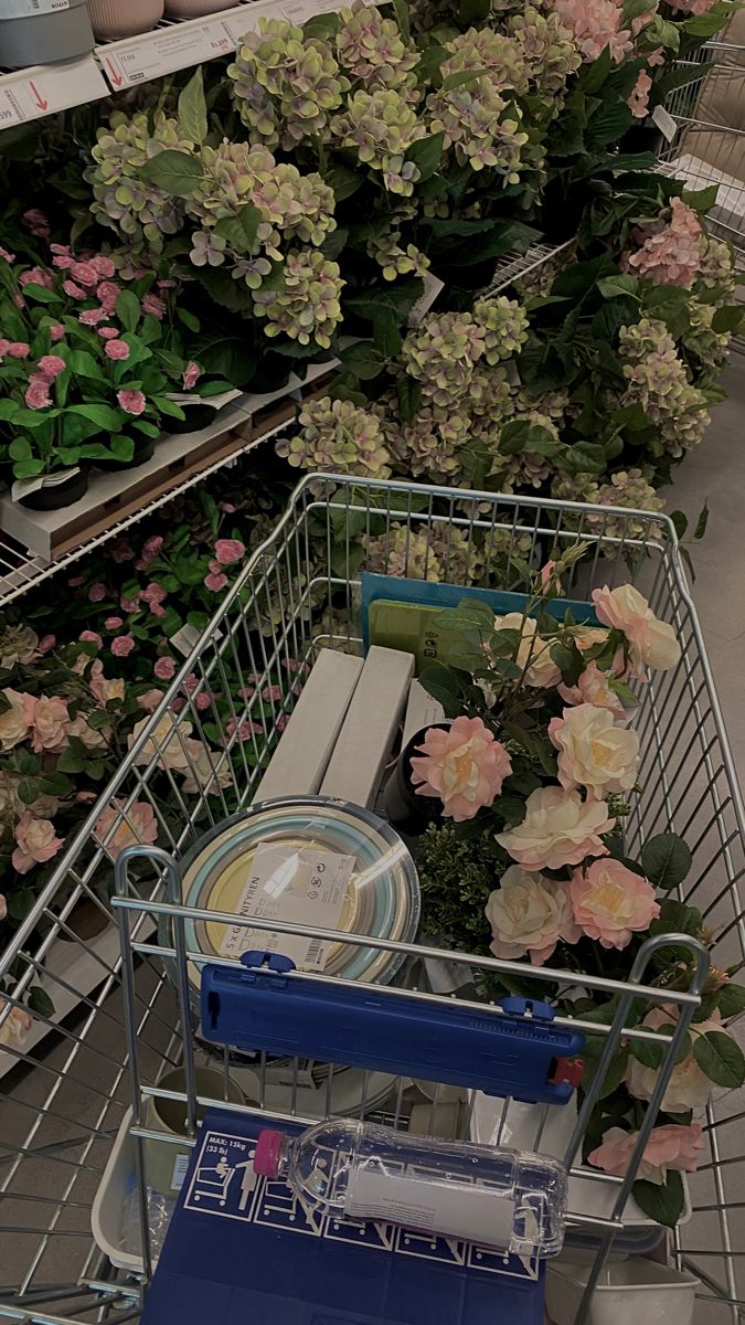 a shopping cart filled with lots of flowers and plates in it's side aisle