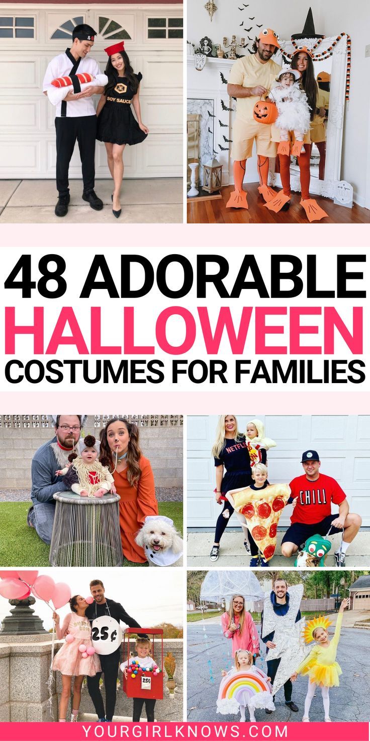 There's no need to be basic when it comes to dressing up for Halloween. These 48 unique family costumes will make sure you stand out from the crowd and win any costume contest you enter. Who knows, maybe you'll even start a new trend this year! Family Up Halloween Costume, Family Costume Newborn, Halloween Costumes For Family With Baby And Dog, Family Of Four Halloween Costumes Ideas, Halloween Customers For Family Of 3, Baby Girl Family Halloween Costumes, Parent Costumes Halloween, Best Family Halloween Costumes For 3, Football Family Halloween Costumes