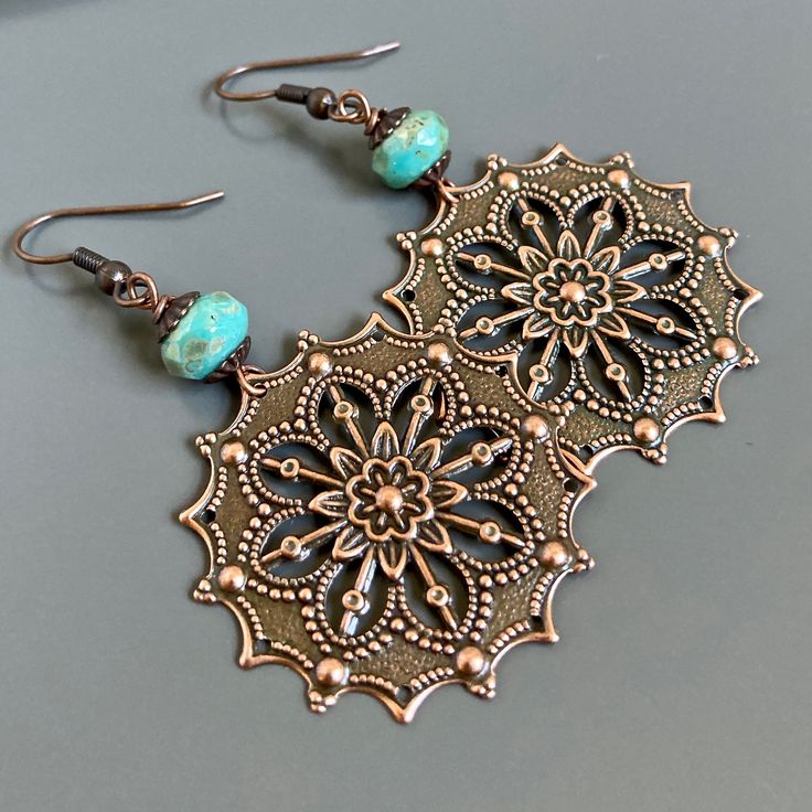 Vintage Turquoise Dangle Flower Earrings, Vintage Hypoallergenic Drop Earrings, Hypoallergenic Vintage Drop Earrings, Bohemian Bronze Hypoallergenic Jewelry, Bohemian Hypoallergenic Bronze Jewelry, Blue Pierced Copper Earrings, Blue Copper Pierced Earrings, Hypoallergenic Bronze Metal Earrings, Nickel Free Copper Chandelier Earrings As Gift