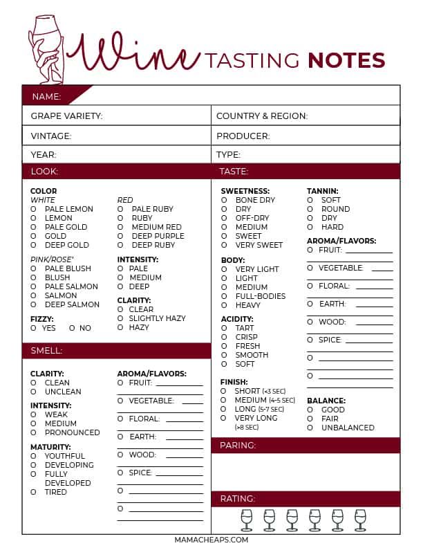 a printable wine tasting notes with the names and numbers for each item in it