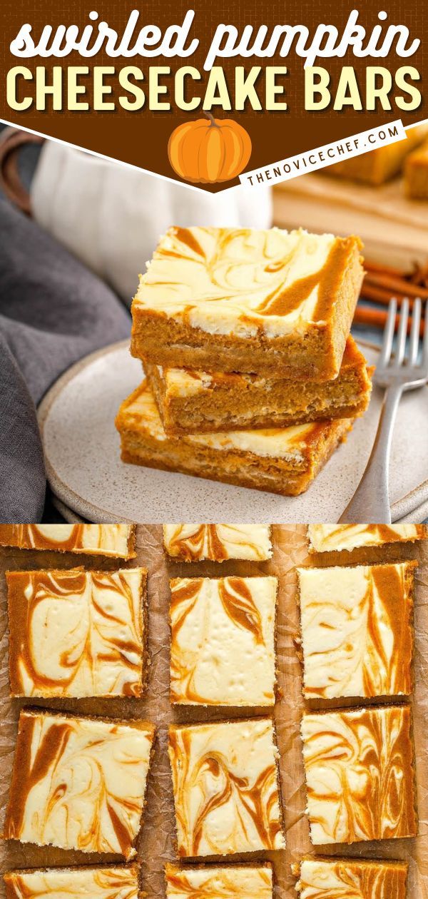 Swirled Pumpkin Cheesecake Bars, thanksgiving desserts, holiday baking recipes No Bake Pumpkin Swirl Cheesecake, Pumpkin Cheesecake Swirl Bars, Pumpkin Deserts Easy, Pumpkin Cheesecake Bars Easy, Swirled Cheesecake, Pumpkin Cream Cheese Bars, Cheesecake Topping, Cheesecake Bars Easy, Bars Dessert