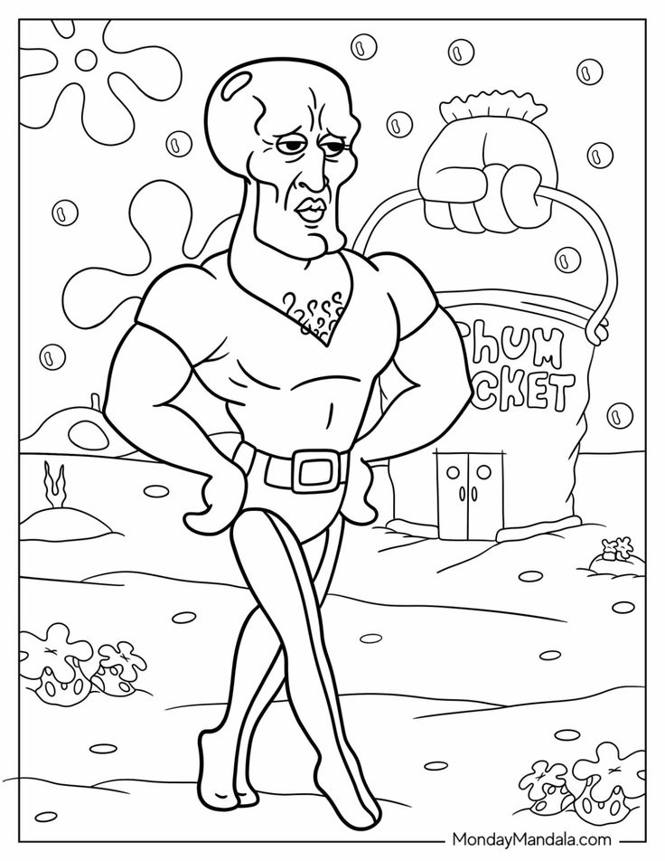 an adult coloring page with a cartoon character standing in front of a candy shop sign