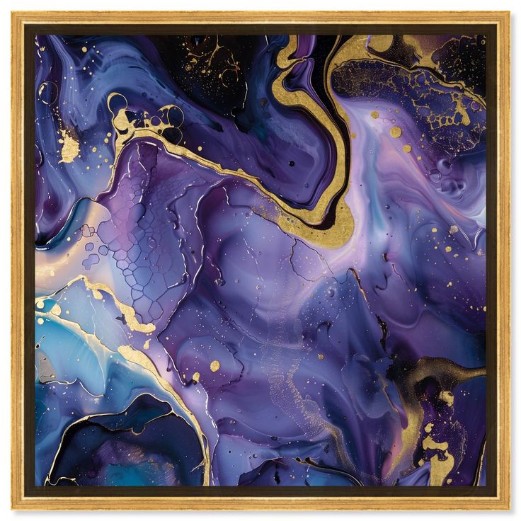 an abstract painting in gold and purple with golden accents on the edges, is featured