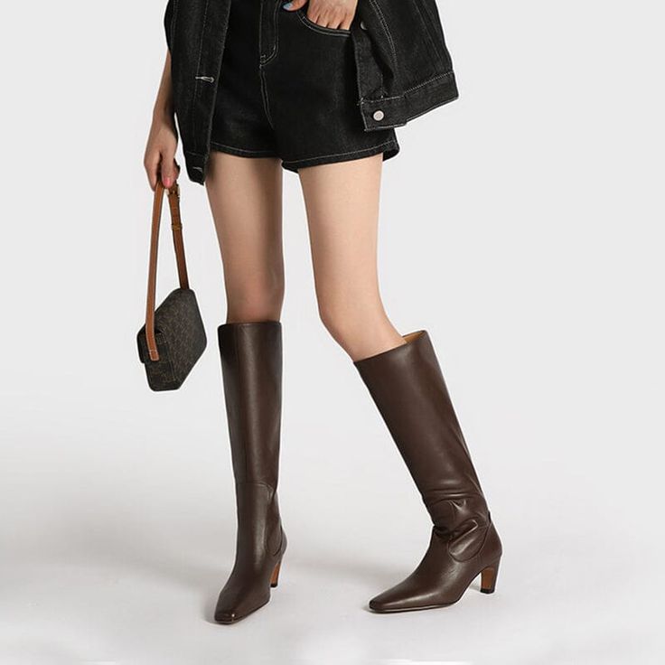 Fashion Style Western R Toe Knee High Length Soft Leather Boots With High Rubber Soles. Comfortable And Show Out Your Long Legs.Each Shoes Fixed By Experienced Craftsman. Color: Black/Beige/BrownMaterial: CowhideLining: Genuine LeatherInsole: Genuine Leather (Unmovable）Sole: RubberHeels: 6 cm/2.36"Tube Height: 38 cm/14.96"Tube Circumference: 30 cm/11.81" Weight: 0.45kg Each Shoes (measured size 8) Fit: Medium to Wide, Runs Normal.Origin: Made in China Production Time: About 5-7 days (Any excepti Classic Brown Knee-high Boots With Almond Toe, Brown High Heel Knee-high Boots For Work, Brown Pointed Toe Mid-calf Boots For Work, Brown Mid-calf Boots With Reinforced Heel For Work, Brown Wide Calf Heeled Boots With Round Toe, Wide Calf Brown Mid-calf Boots With Reinforced Heel, Brown Wide Calf Mid-calf Boots With Reinforced Heel, Brown Pointed Toe Boots For Work, Brown Wide Calf Boots For Work