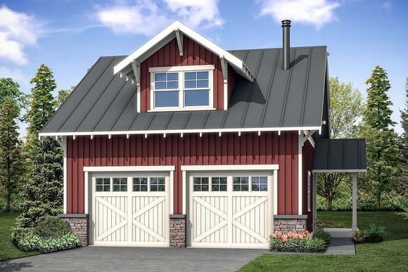 a red and white garage with two windows on the top floor next to a driveway