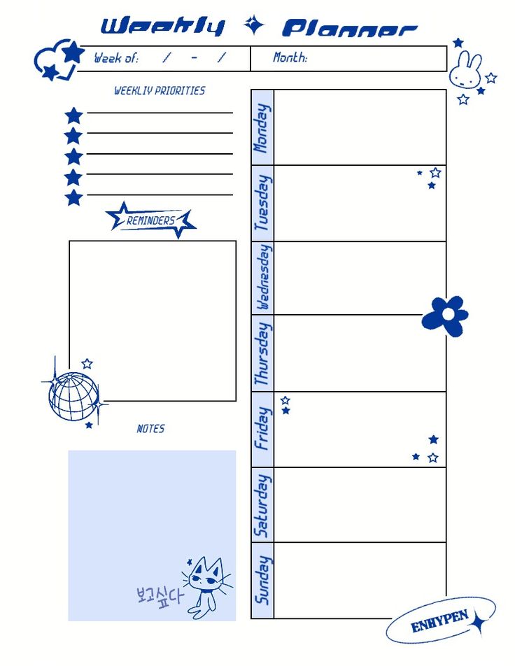 the weekly planner is shown with blue stars and an image of a globe on it